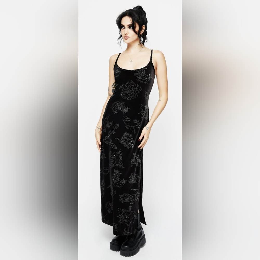 Disturbia Zodiac Foil Black Velvet Dress with Silver Detailing